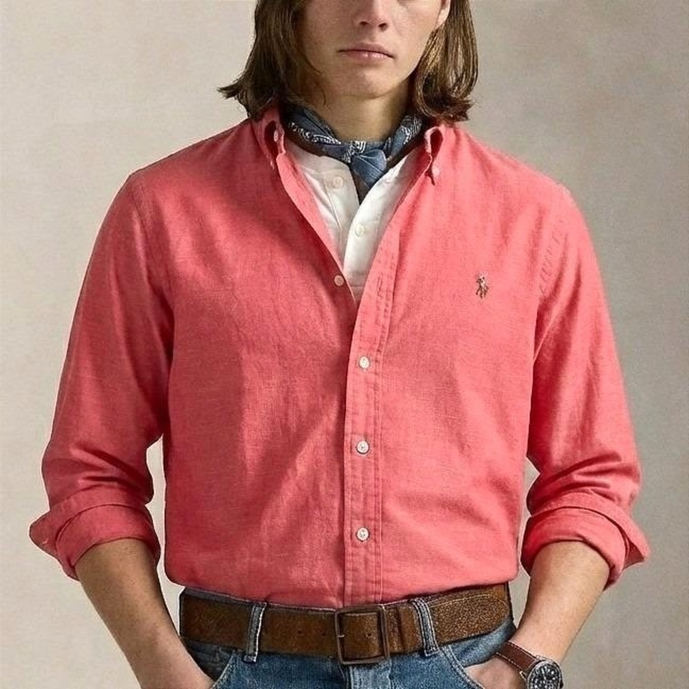 Polo Ralph Lauren Cotton Chambray Button Shirt Men Small Classic Untuck Fit Red